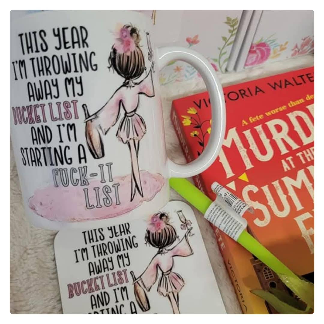 Fun ceramic mug and coaster set ' Throwing away my bucket list'