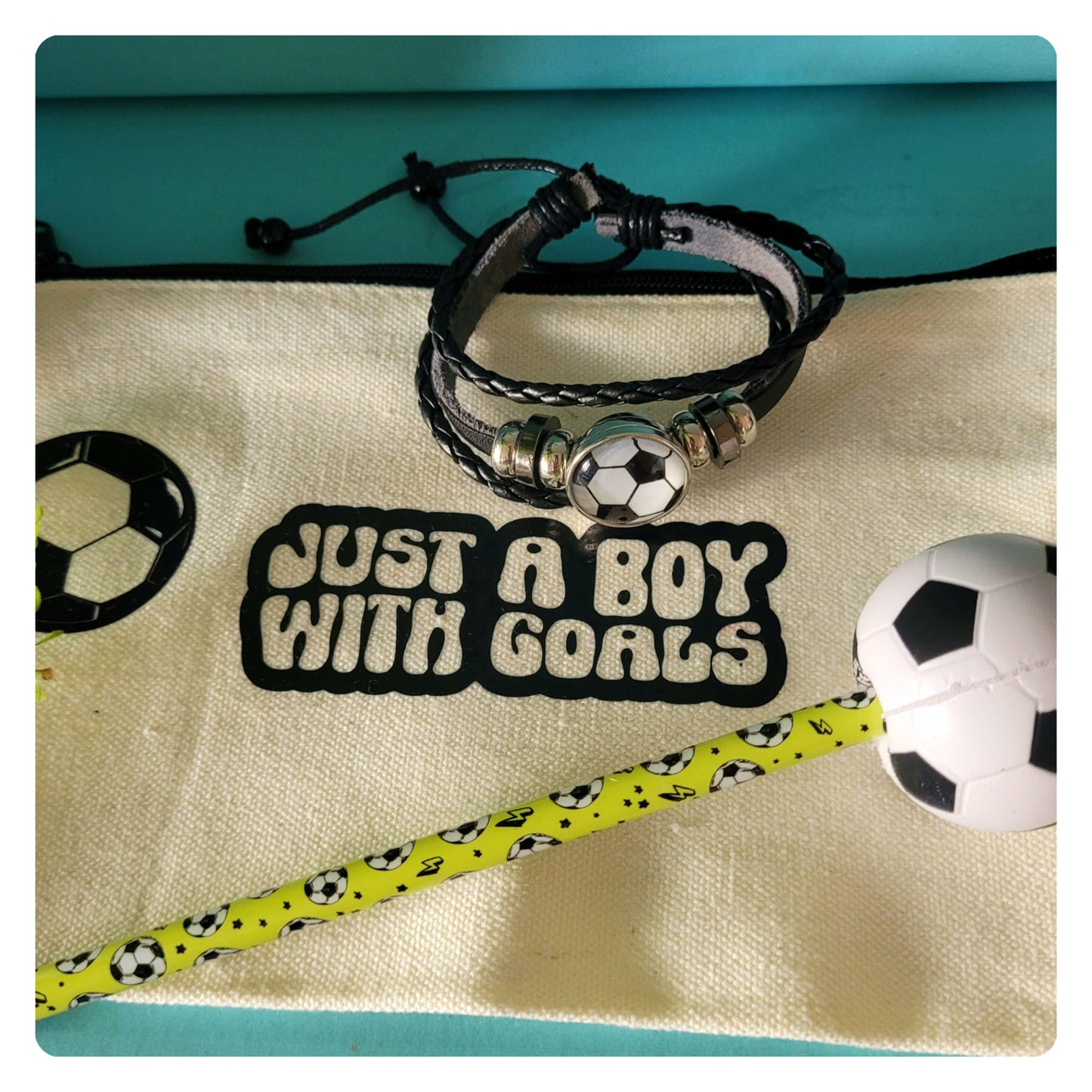 Personalised 'Just a boy with goals' football gift set