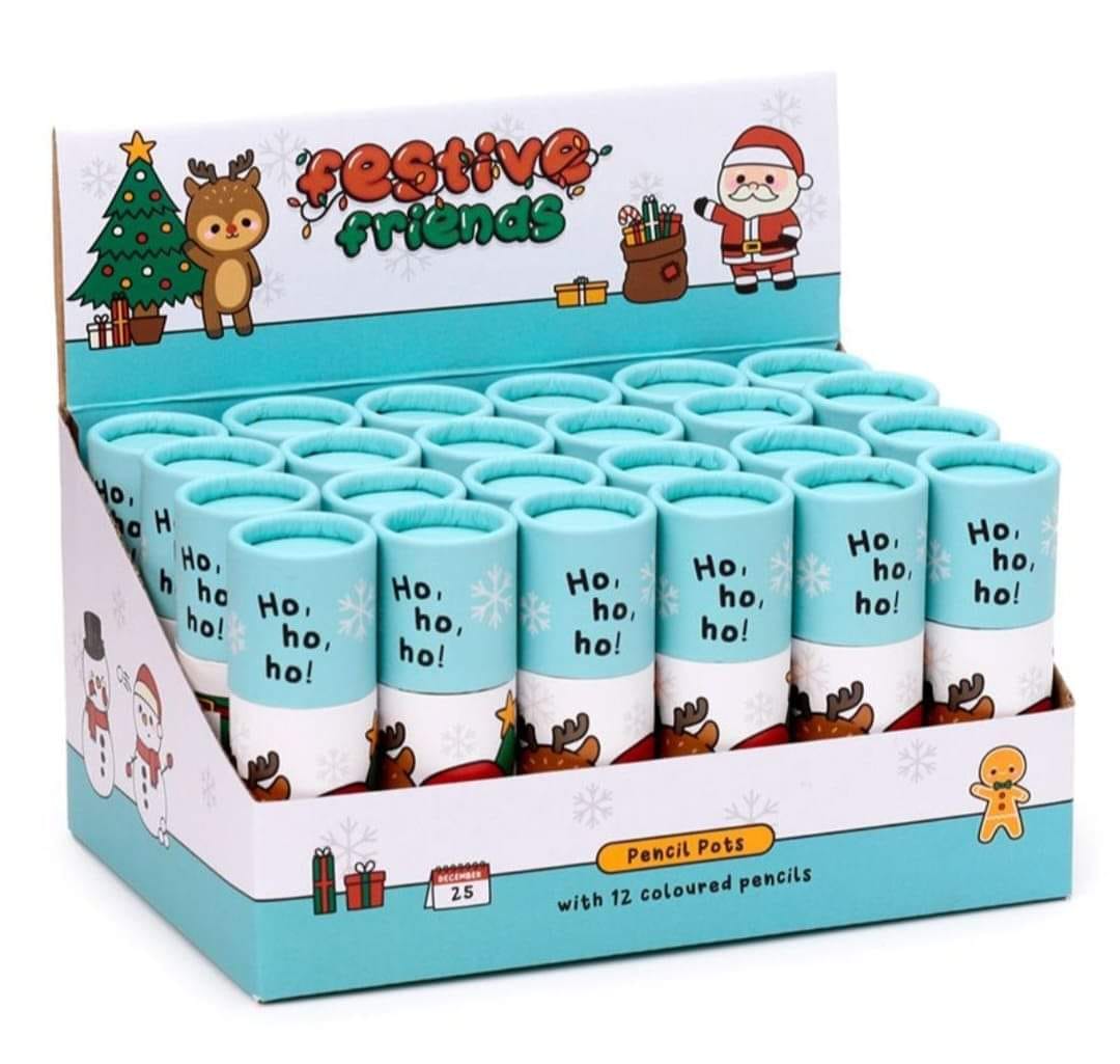 Christmas Festive Friends Pencil Pot with 12 Colouring Pencils